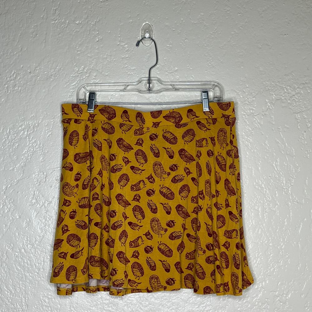 ModCloth Skirt XL Yellow Owl Bird Print A Line Mini Novelty Whimsical Retro